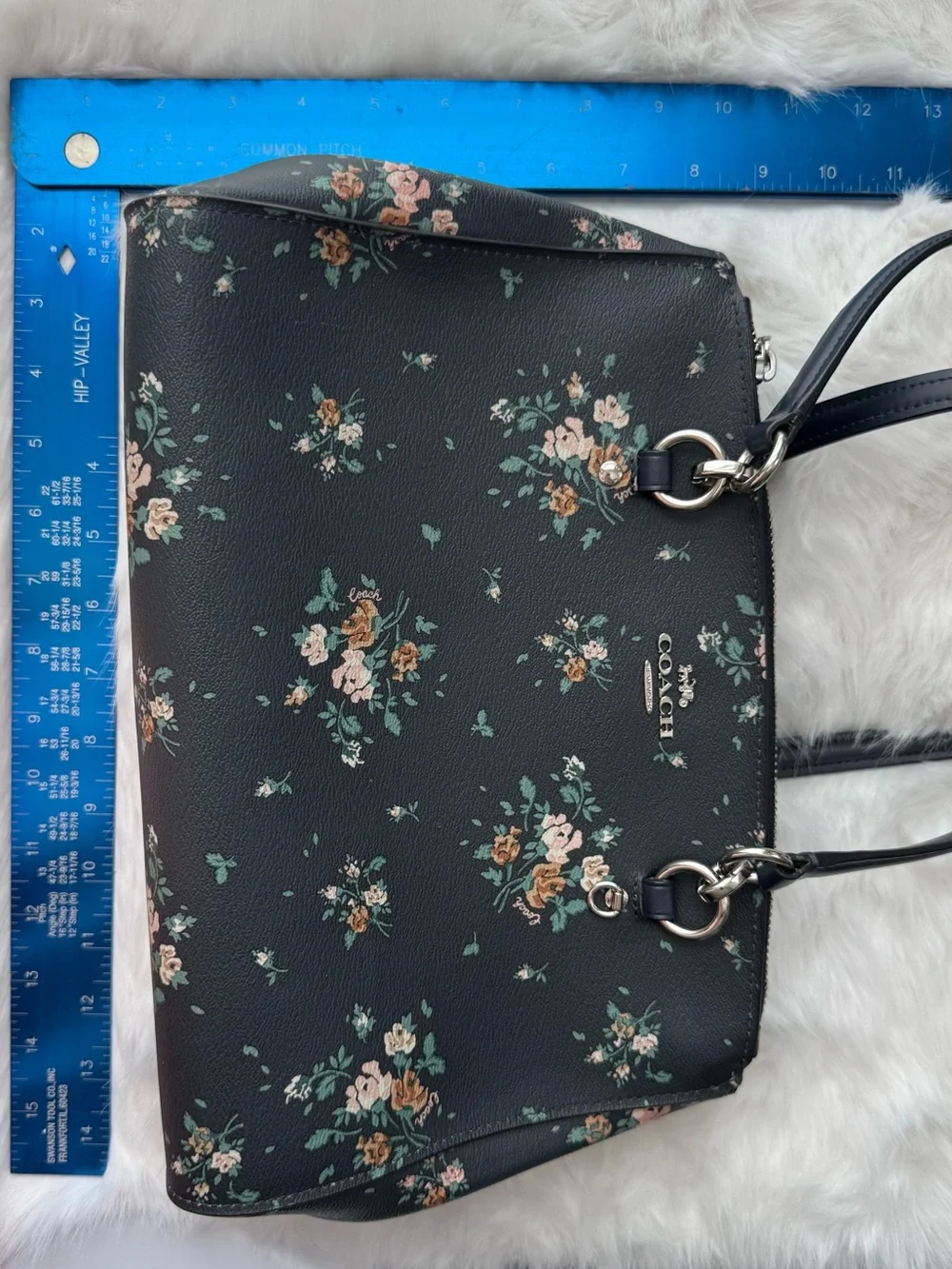 Coach Etta Carryall Rose Bouquet Navy Pebbled Leather Bag